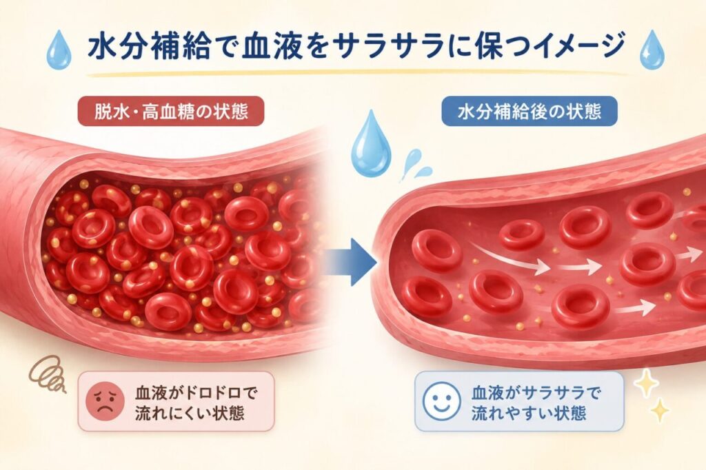 水分補給によって高血糖時の血液が流れやすい状態になるイメージ図