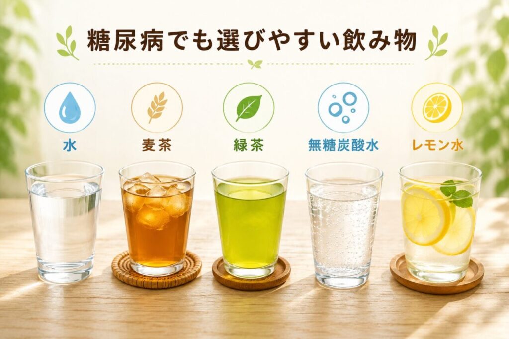 糖尿病におすすめの飲み物5種類（水・麦茶・緑茶・無糖炭酸水・レモン水）のイメージ図
